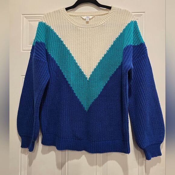 Time and Tru Blue & White Knit Sweater, Size L - Picture 2 of 3